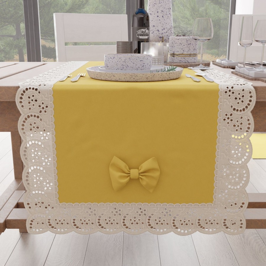 Cucina PETTI Artigiani Italiani | Runner Da Tavolo Elegante Shabby Chic Con Pizzo E Fiocchi Giallo