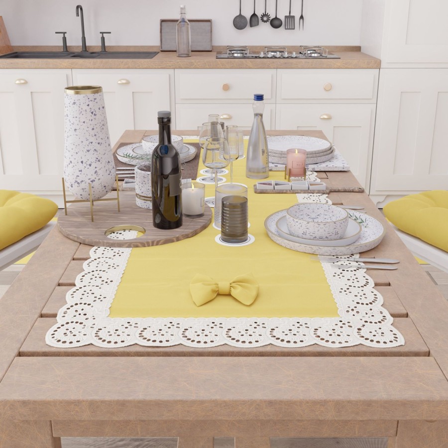 Cucina PETTI Artigiani Italiani | Runner Da Tavolo Elegante Shabby Chic Con Pizzo E Fiocchi Giallo