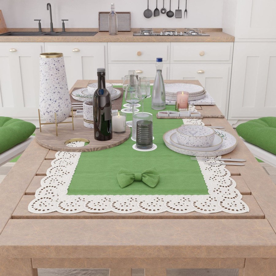 Cucina PETTI Artigiani Italiani | Runner Da Tavolo Elegante Shabby Chic Con Pizzo E Fiocchi Verde