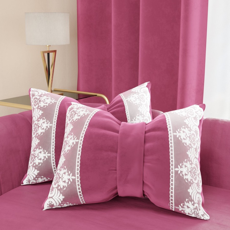 Soggiorno PETTI Artigiani Italiani | Cuscino Arredo Fiocco In Velluto E Balza Con Pizzo Rebrode 40X50 Cm, Cuscino Divano Fucsia By Sissy