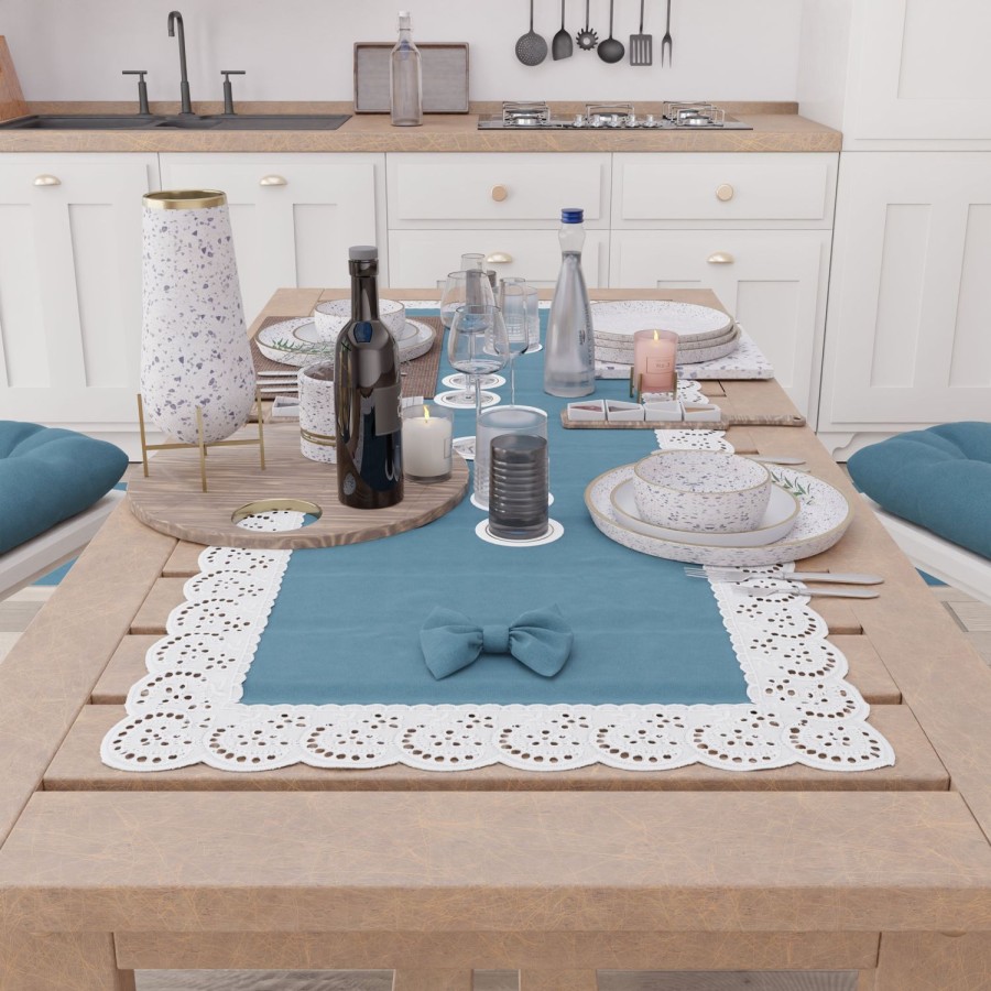 Cucina PETTI Artigiani Italiani | Runner Da Tavolo Elegante Shabby Chic Con Pizzo E Fiocchi Blu Avion