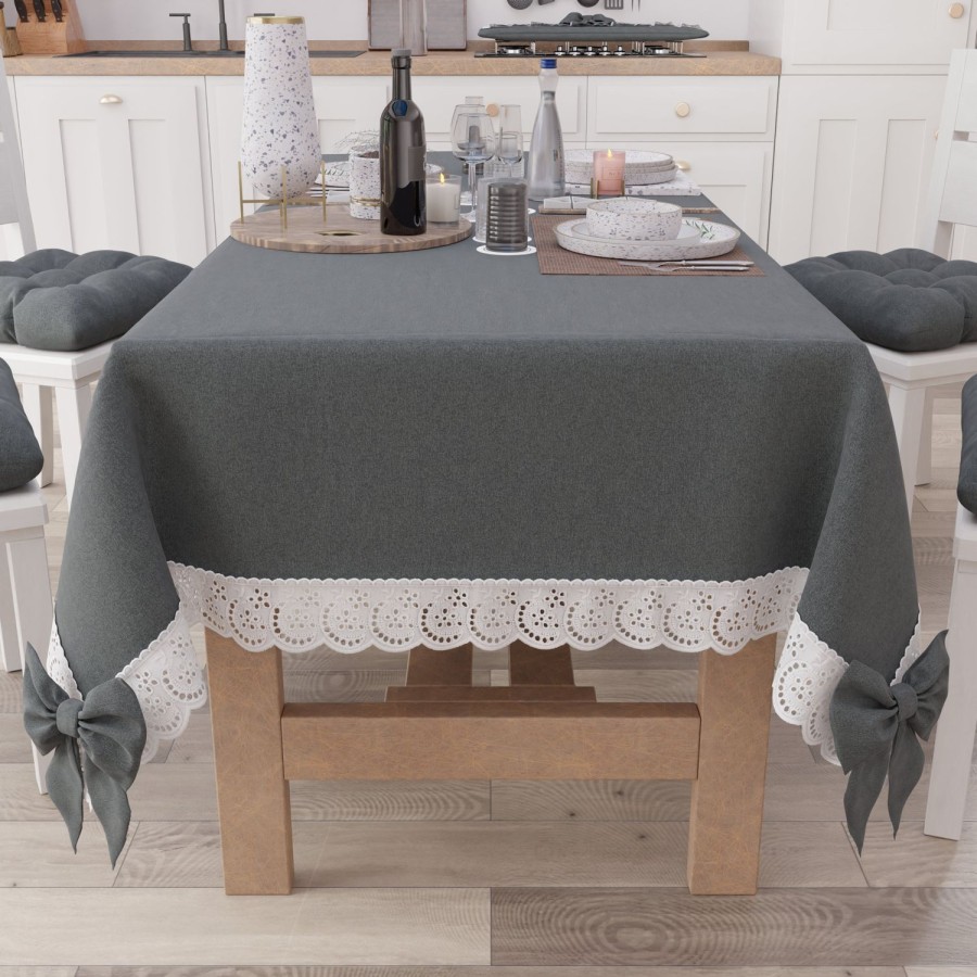 Cucina PETTI Artigiani Italiani | Tovaglia Da Tavola Shabby Chic Copritavolo Con Pizzo E Fiocchi Grigio Scuro