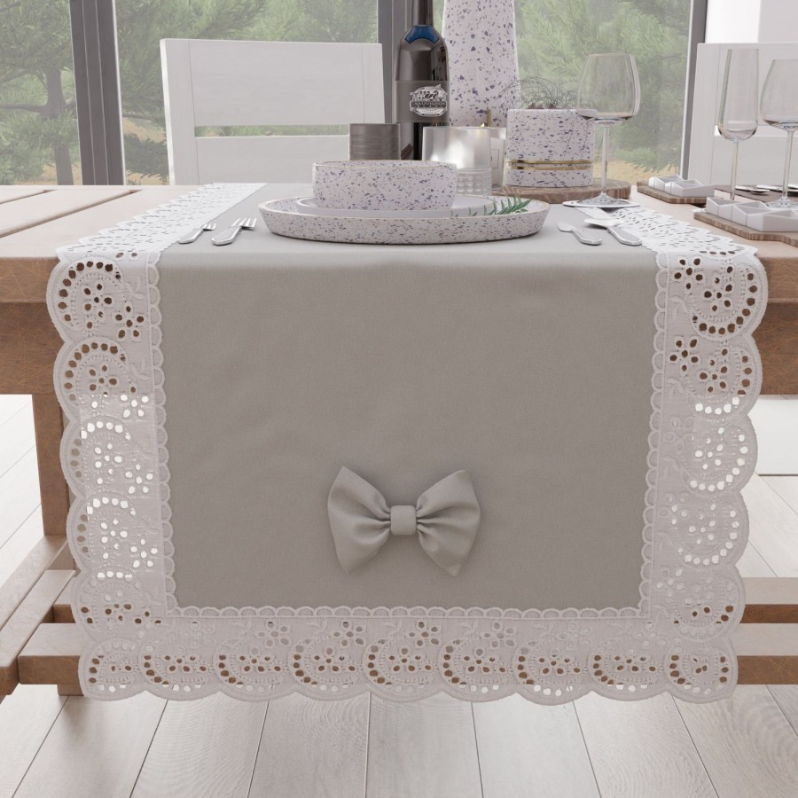 Cucina PETTI Artigiani Italiani | Runner Da Tavolo Elegante Shabby Chic Con Pizzo E Fiocchi Grigio Chiaro