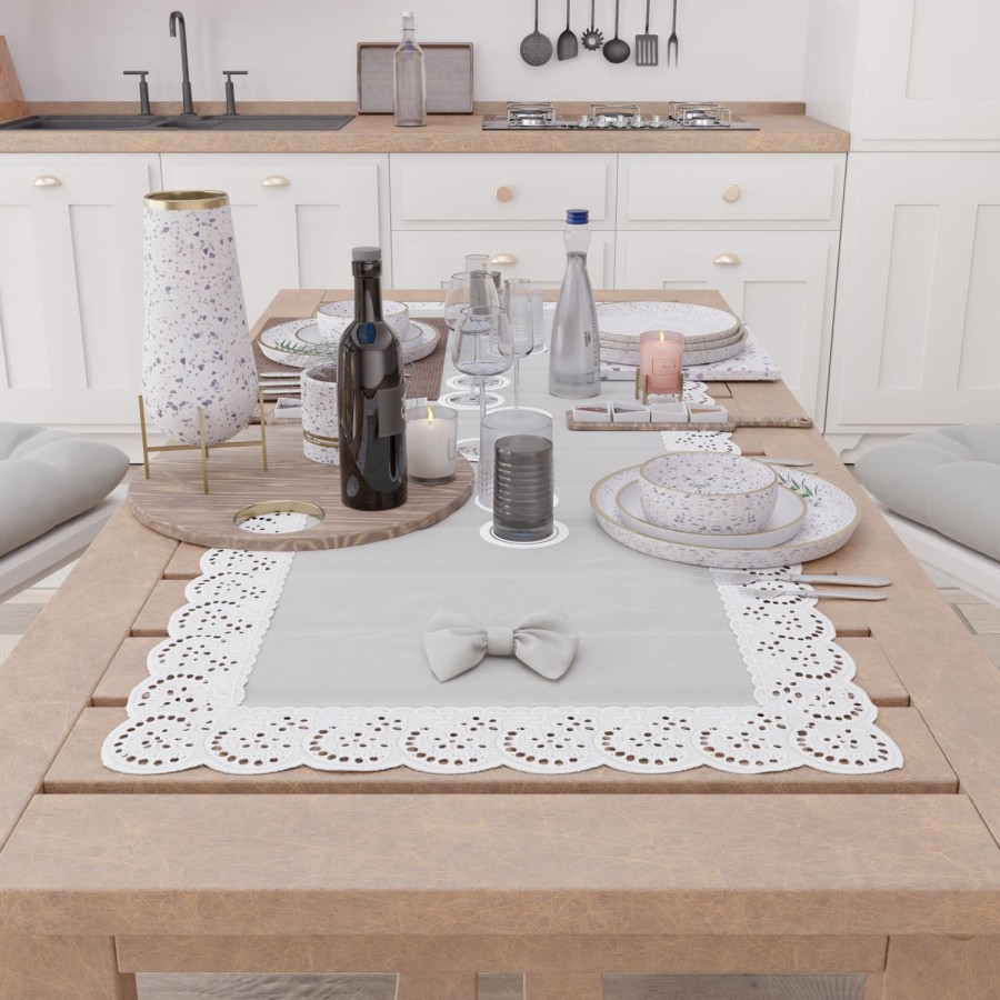 Cucina PETTI Artigiani Italiani | Runner Da Tavolo Elegante Shabby Chic Con Pizzo E Fiocchi Grigio Chiaro