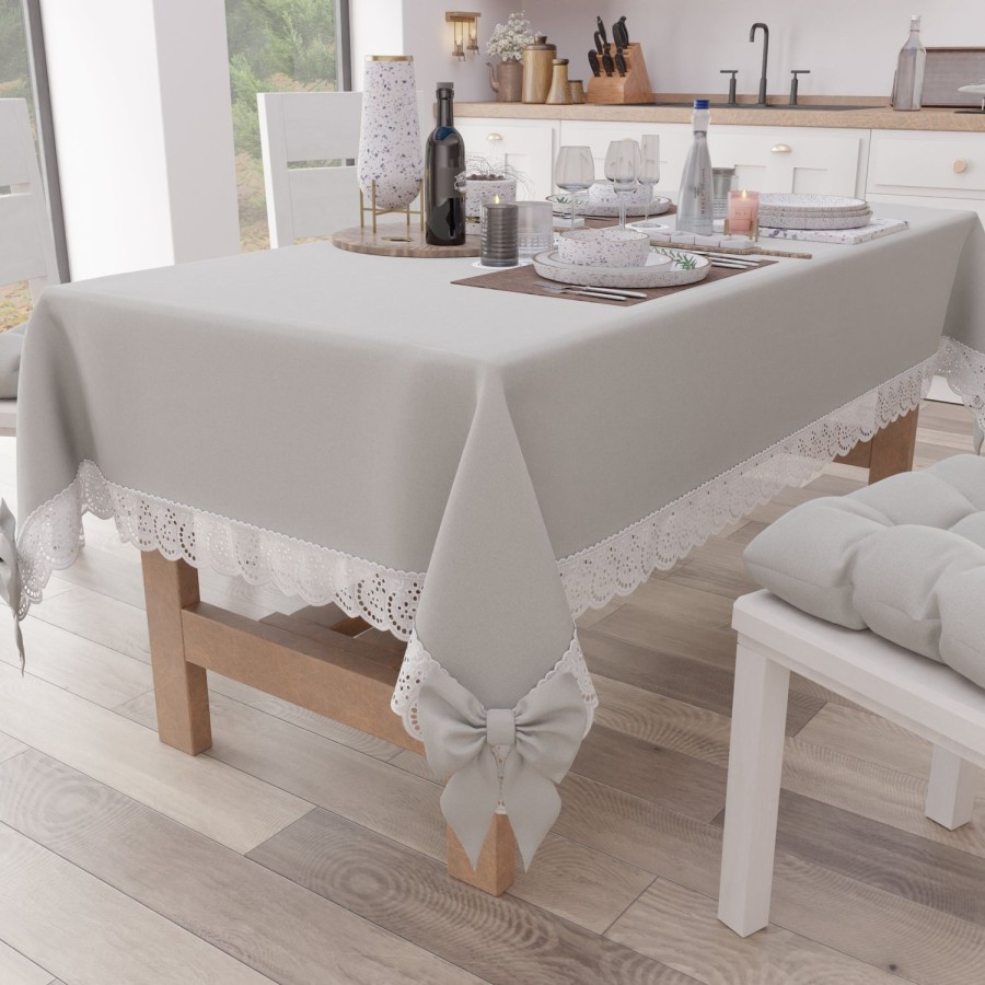 Cucina PETTI Artigiani Italiani | Tovaglia Da Tavola Shabby Chic Copritavolo Con Pizzo E Fiocchi Grigio Chiaro