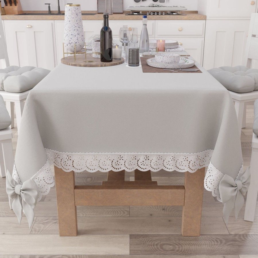 Cucina PETTI Artigiani Italiani | Tovaglia Da Tavola Shabby Chic Copritavolo Con Pizzo E Fiocchi Grigio Chiaro