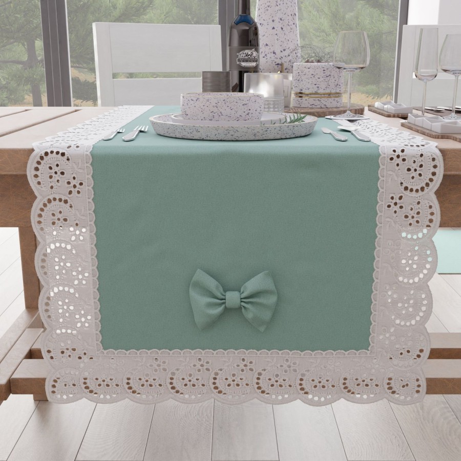 Cucina PETTI Artigiani Italiani | Runner Da Tavolo Elegante Shabby Chic Con Pizzo E Fiocchi Verde Acqua