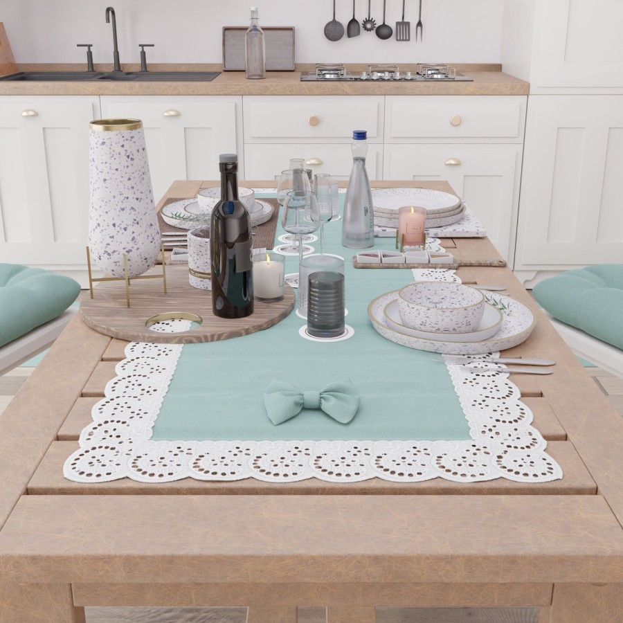 Cucina PETTI Artigiani Italiani | Runner Da Tavolo Elegante Shabby Chic Con Pizzo E Fiocchi Verde Acqua