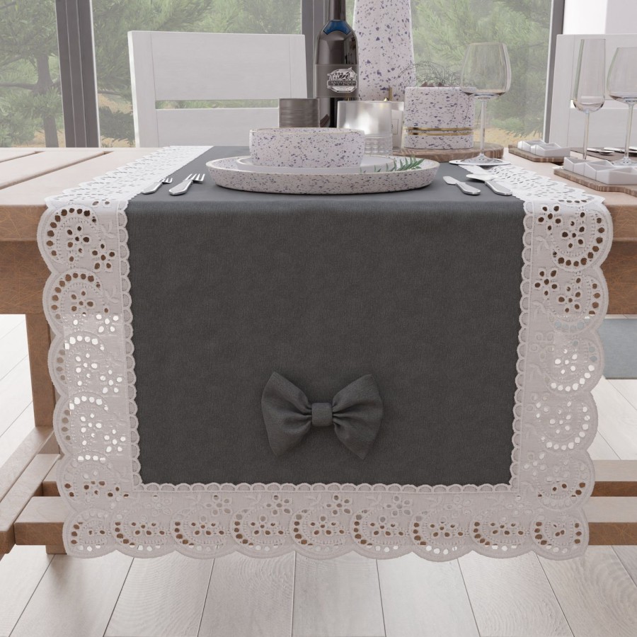 Cucina PETTI Artigiani Italiani | Runner Da Tavolo Elegante Shabby Chic Con Pizzo E Fiocchi Grigio Scuro