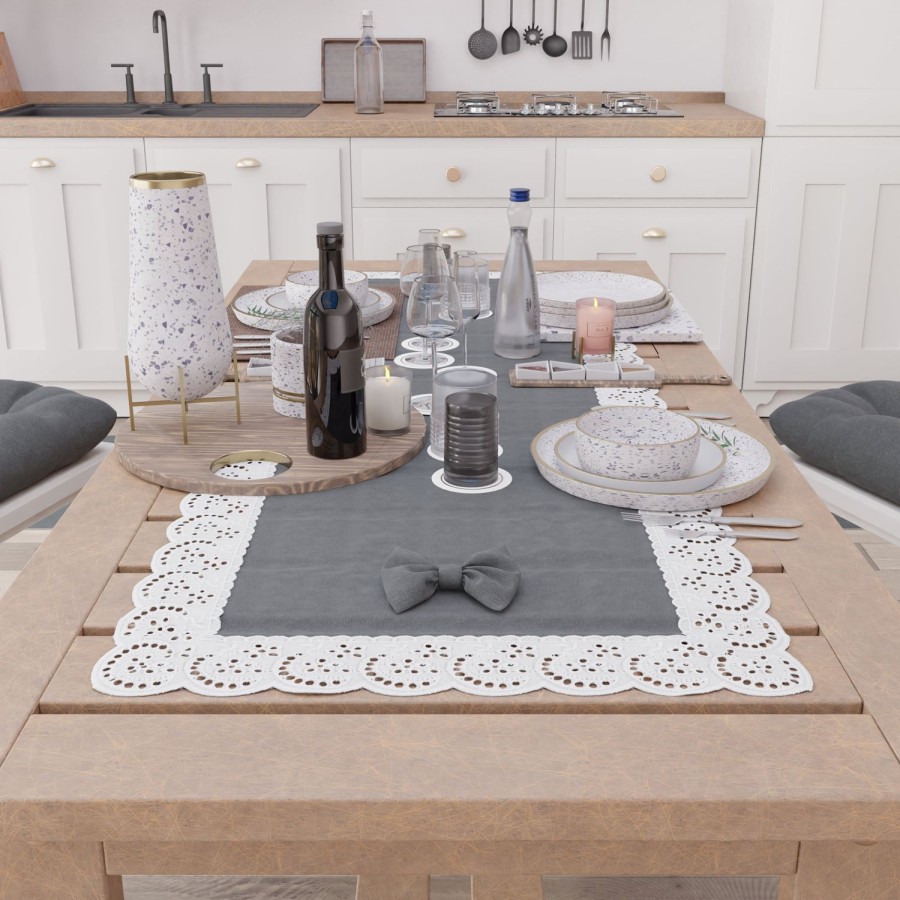 Cucina PETTI Artigiani Italiani | Runner Da Tavolo Elegante Shabby Chic Con Pizzo E Fiocchi Grigio Scuro