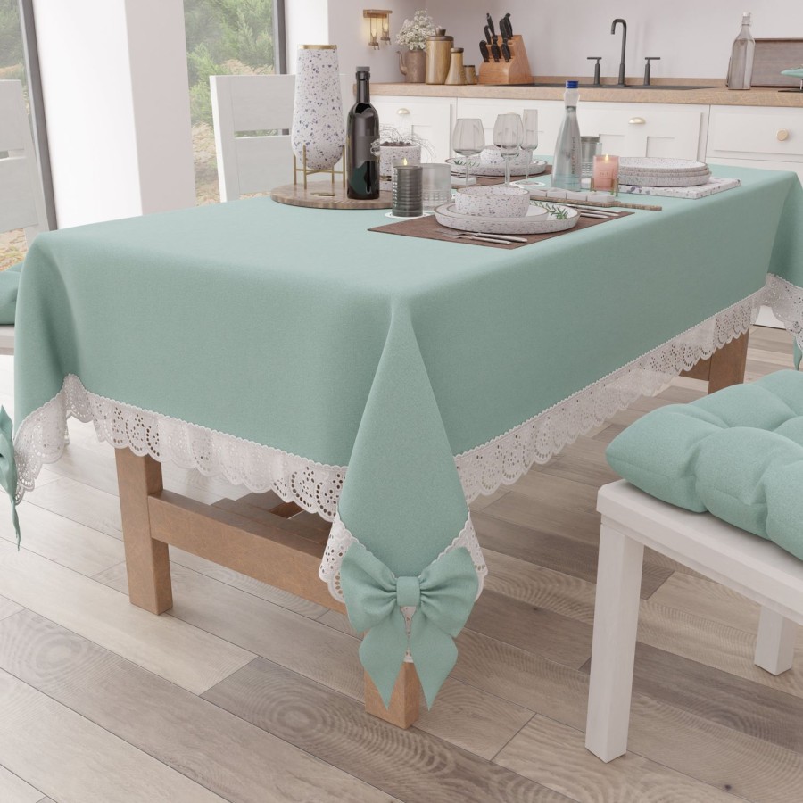 Cucina PETTI Artigiani Italiani | Tovaglia Da Tavola Shabby Chic Copritavolo Con Pizzo E Fiocchi Verde Acqua