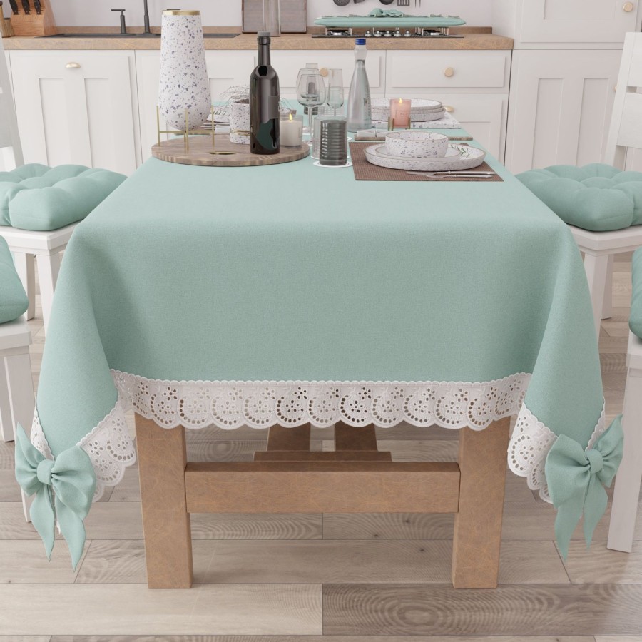 Cucina PETTI Artigiani Italiani | Tovaglia Da Tavola Shabby Chic Copritavolo Con Pizzo E Fiocchi Verde Acqua